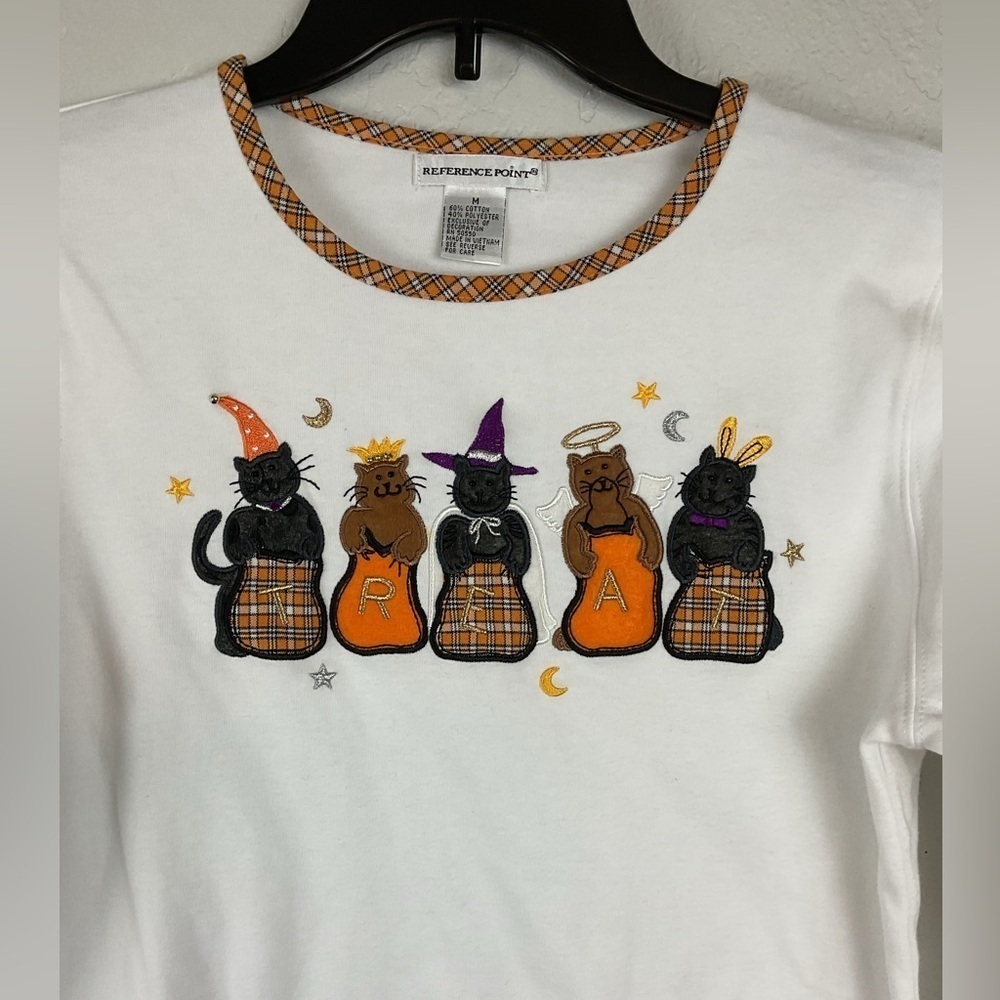 Women’s Reference Point Cat Halloween Novelty Long Sleeve Plaid Detail Shirt Med - Picture 2 of 9